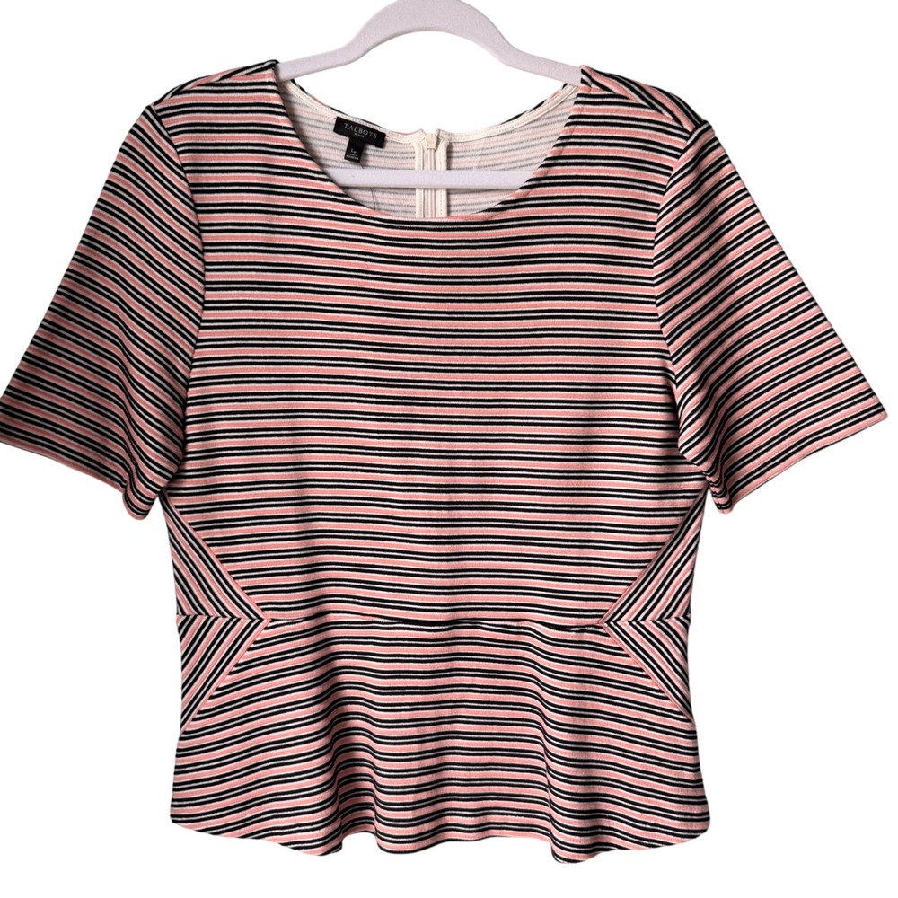 NEW Talbots Peplum Top Pink Black Stripe Short Sleeve‎ Cotton Large Petite NWT